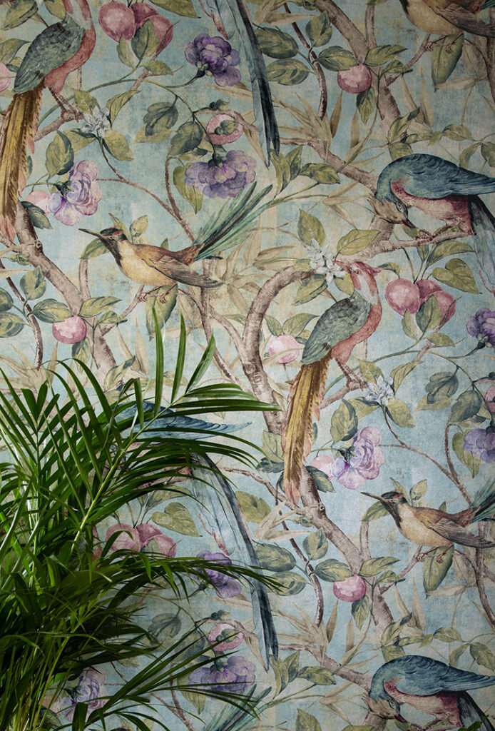 Orangerie Teal wallpaper showing an offset drop pattern match repeat